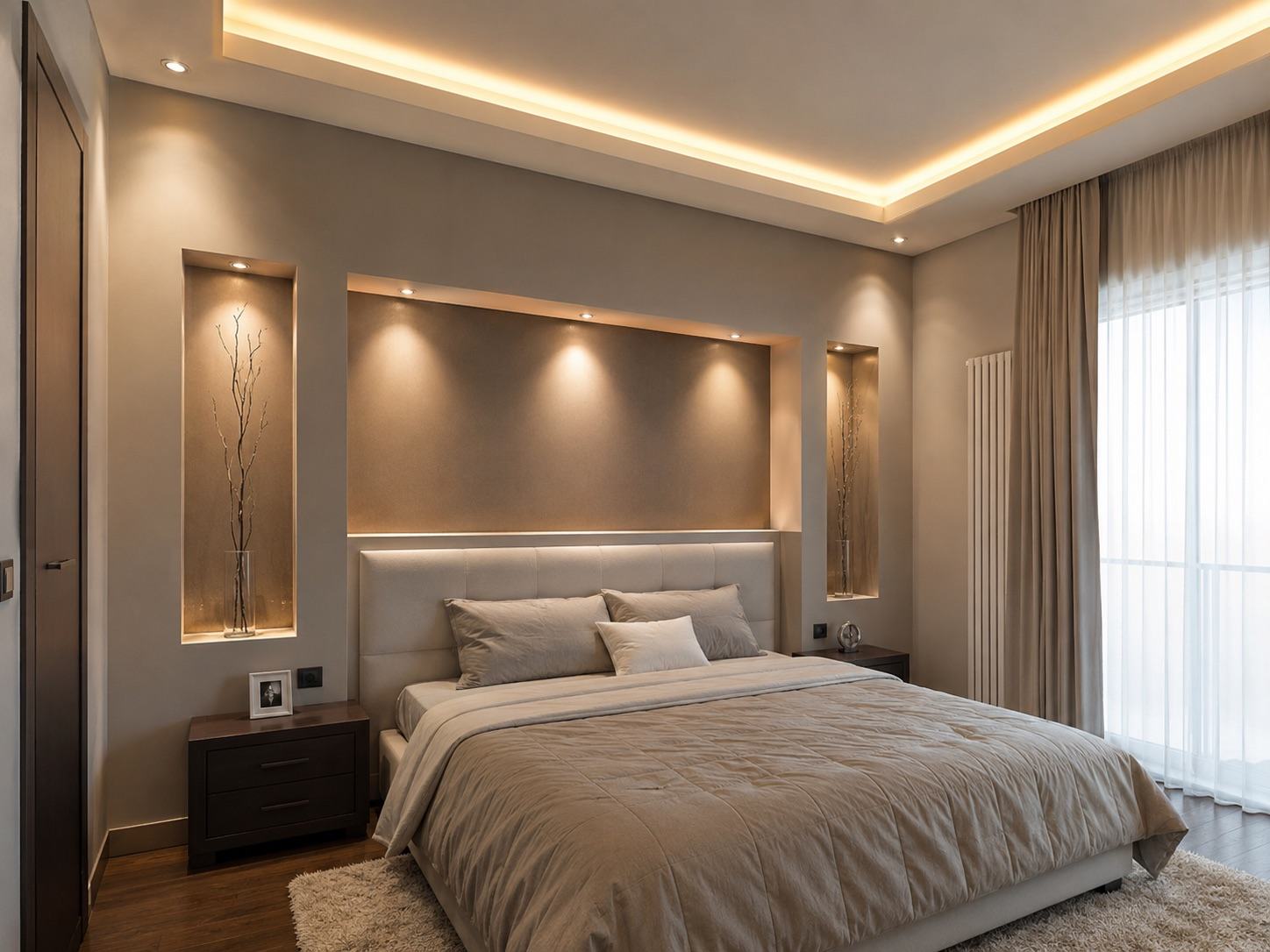 Camera da letto con parete in cartongesso, nicchie illuminate e veletta luminosa a soffitto.