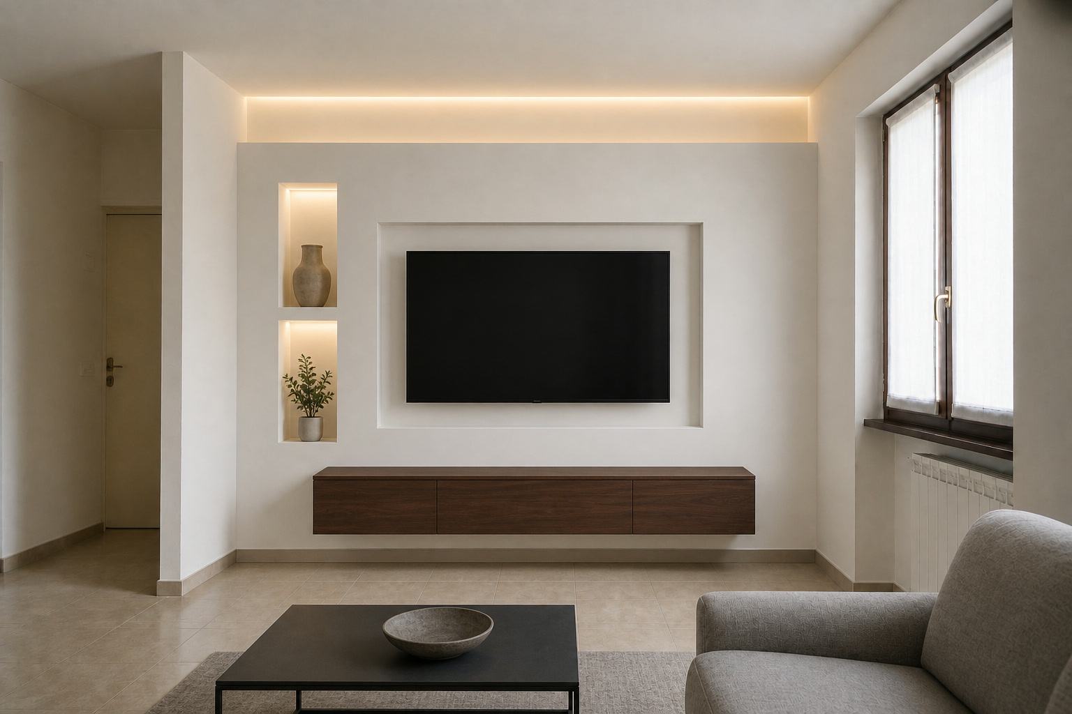 Simulazione dopo la ristrutturazione: lo stesso soggiorno con parete TV in cartongesso, nicchie illuminate e arredi moderni.