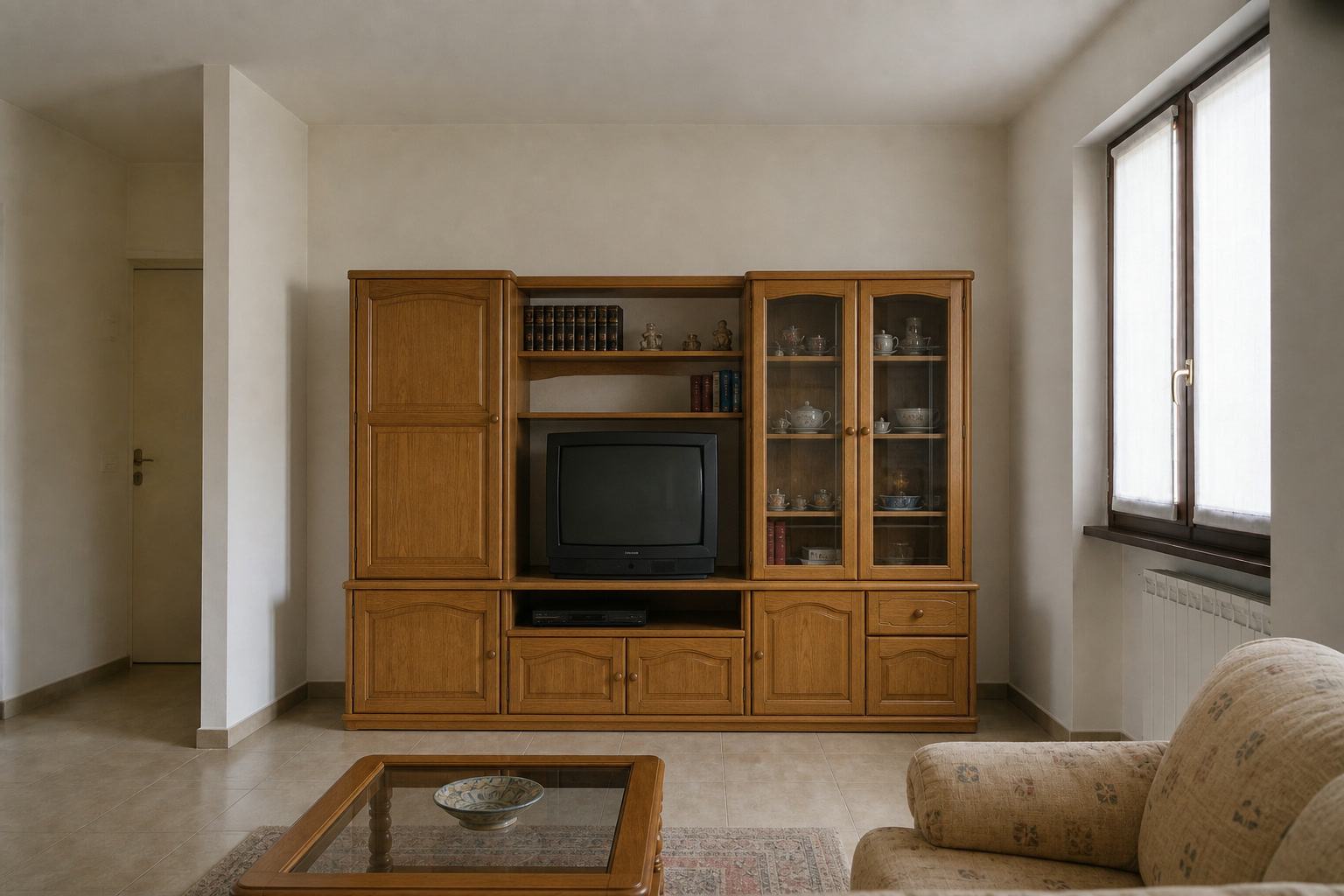 Simulazione prima della ristrutturazione: soggiorno con mobile a parete in legno, televisore appoggiato e arredi datati.