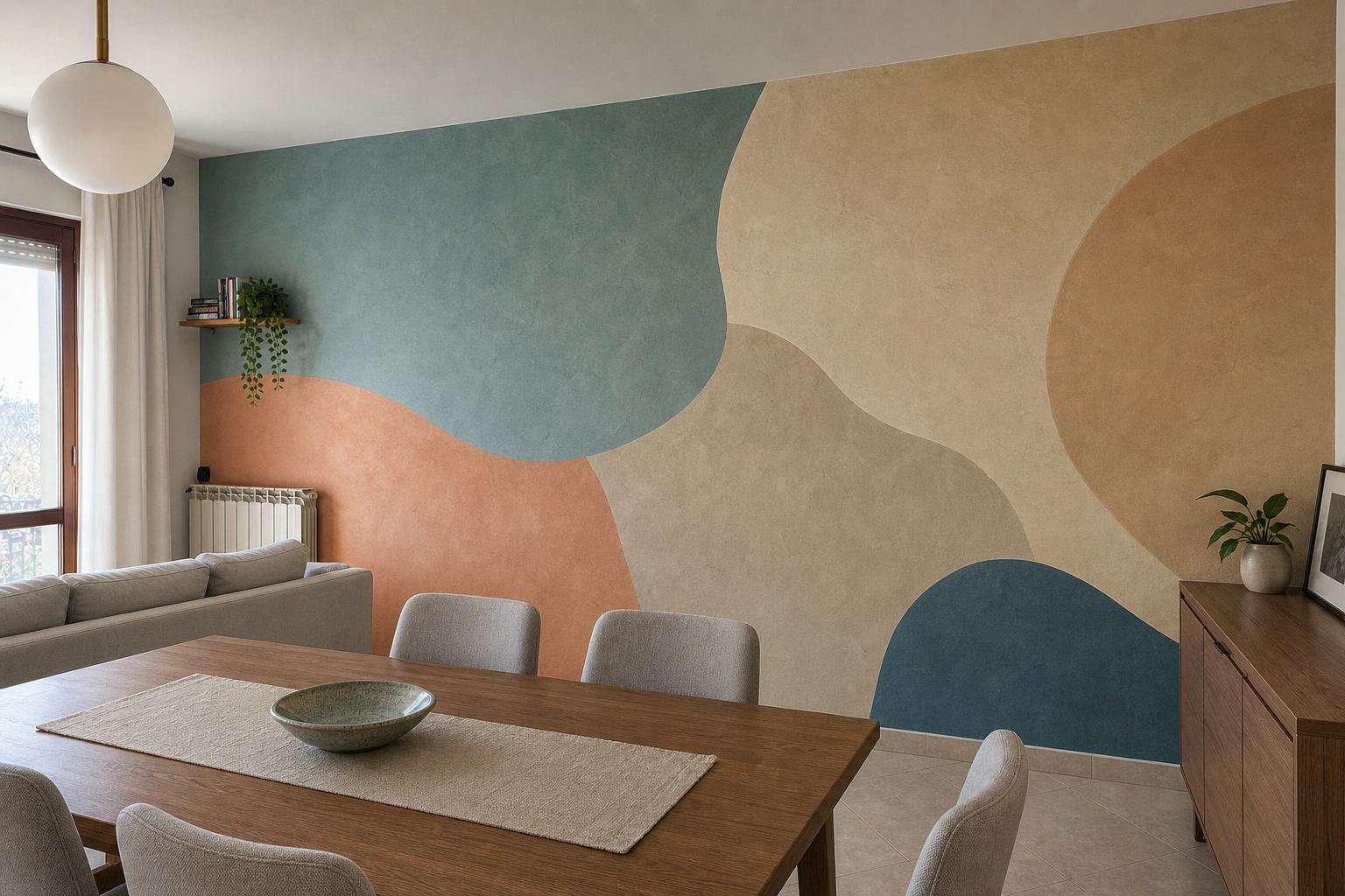 Simulazione dopo la ristrutturazione: la stessa zona pranzo con finitura materica colorata e arredi contemporanei.