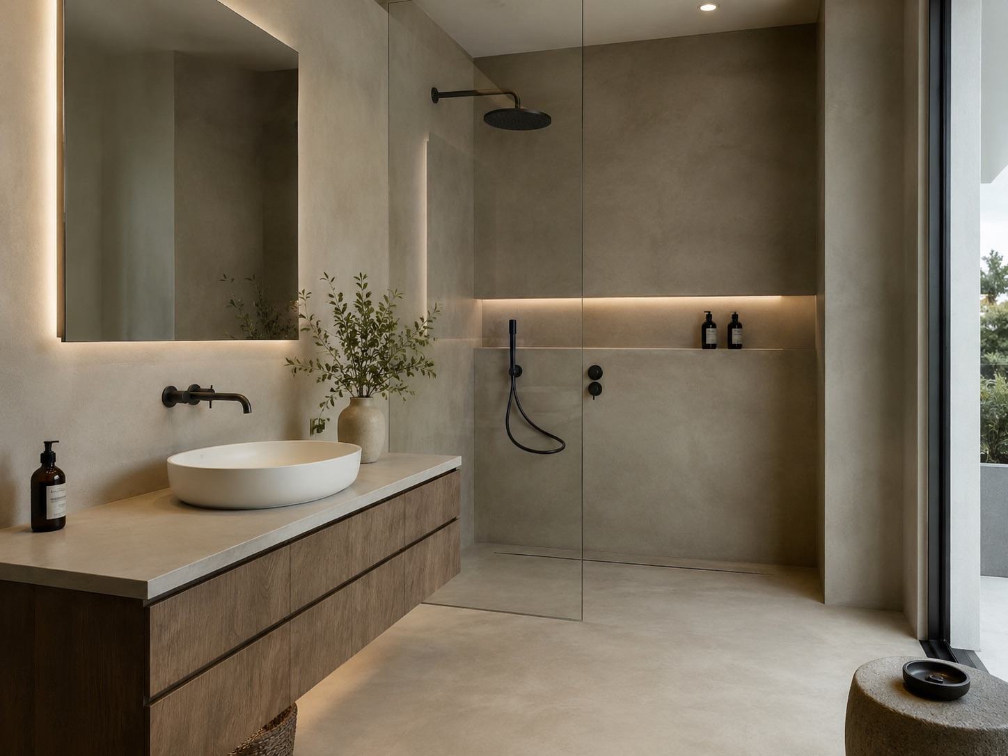 Bagno moderno in microcemento con pareti continue, pavimento continuo e doccia walk-in.