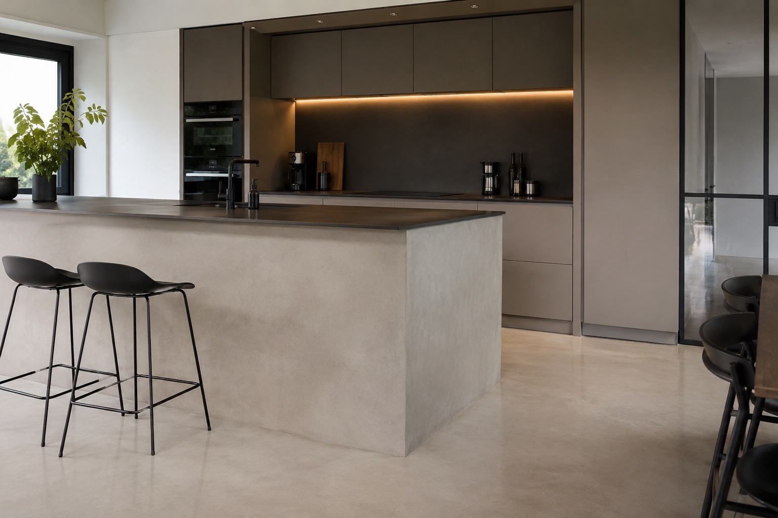 Cucina moderna con isola rivestita in microcemento e arredi scuri.