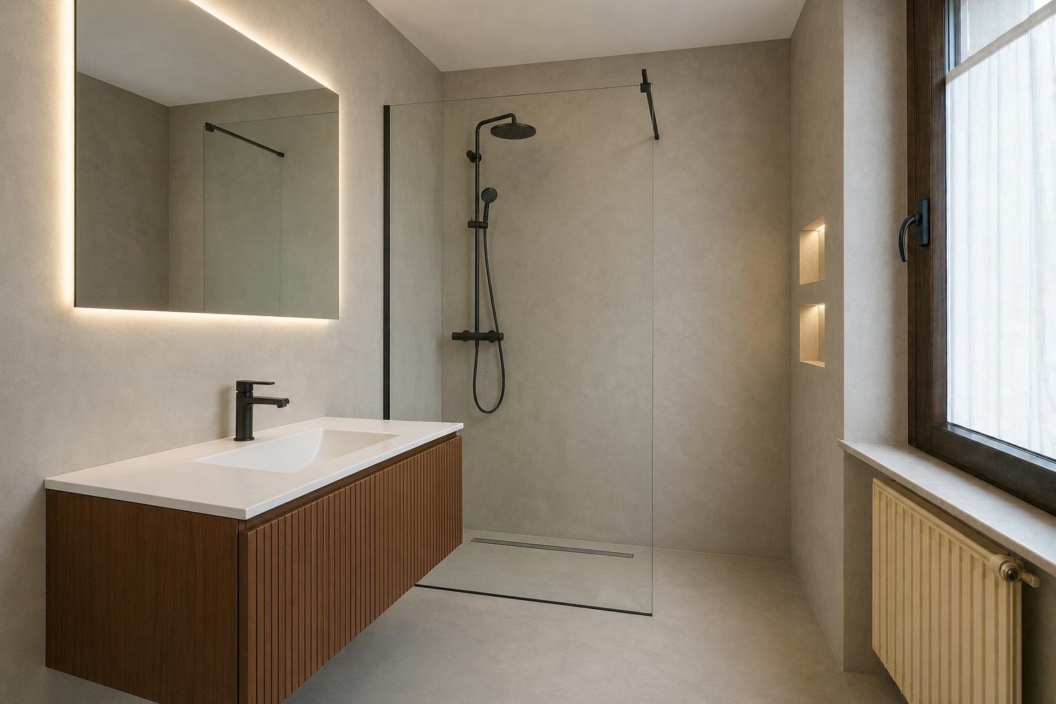 Simulazione dopo la ristrutturazione: lo stesso bagno con microcemento continuo, doccia walk-in e mobile sospeso moderno.